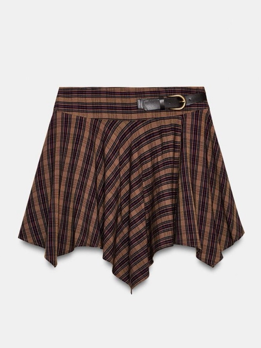 BNWT Zara Brown Plaid Asymmetrical Fairy Hem Mini Skirt